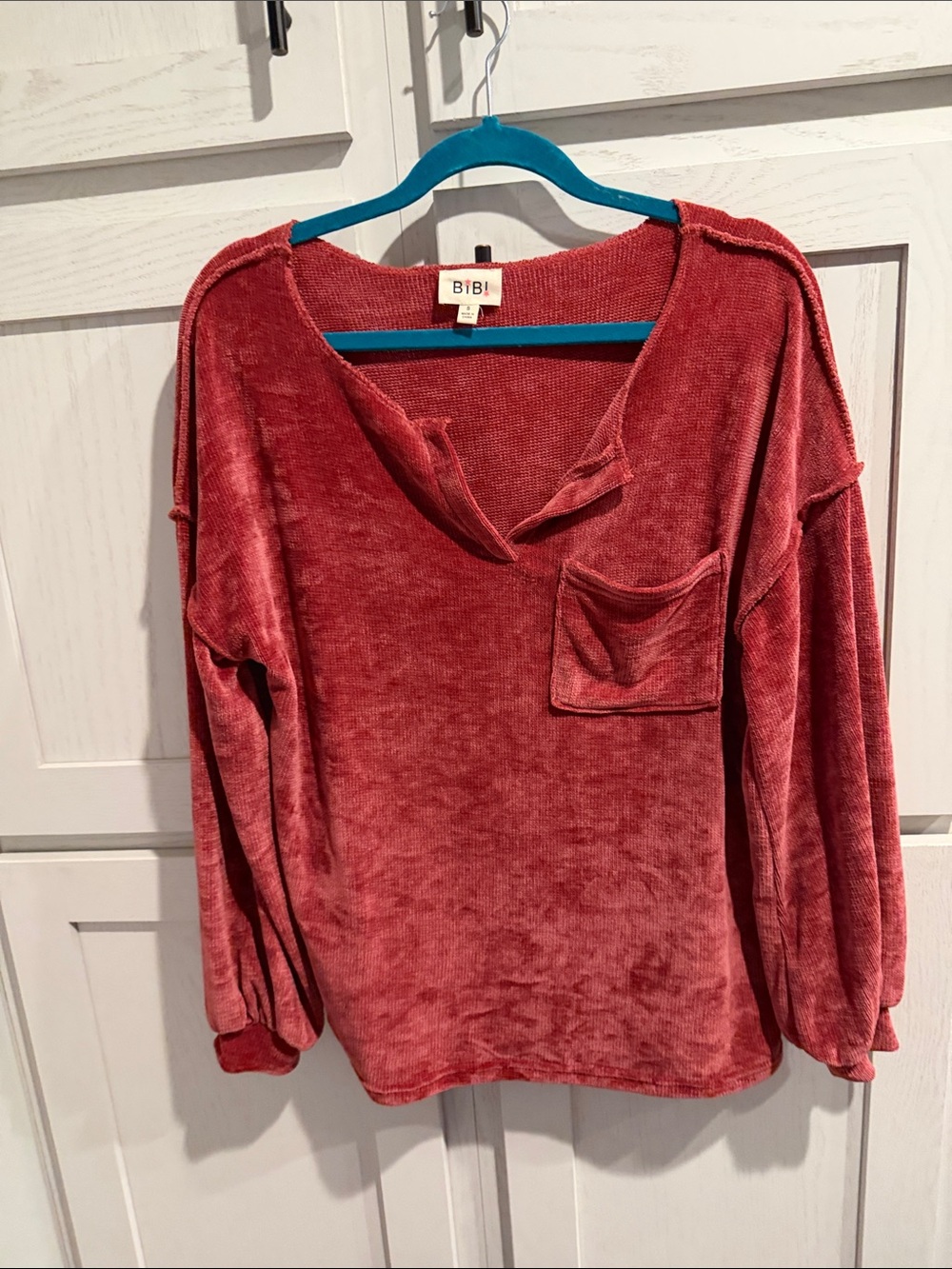 BIBI Women's Washed Pink/Mauve velour Pullover Top with Pocket
